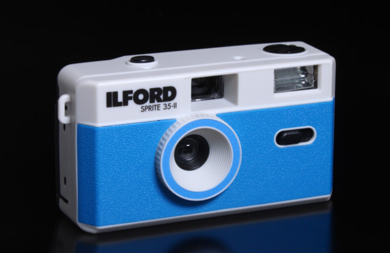 Ilford Sprite 35-II silver and blue analog camera